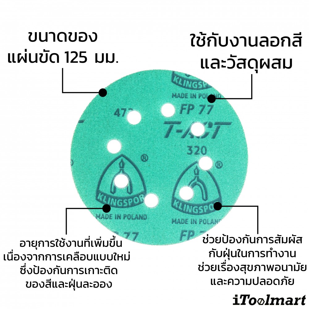 กระดาษทรายกลม 5 นิ้ว Klingspor FP 77 K T-ACT กล่อง 100 ชิ้น