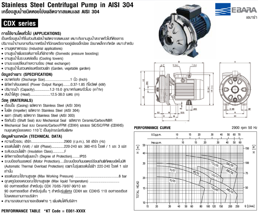 ปั๊มหอยโข่ง Ebara CDXM-70/05 ปั๊ม SS304 ใบพัดเดี่ยว 2 สาย 1 นิ้ว 1 ทับ 4 X 1 นิ้ว