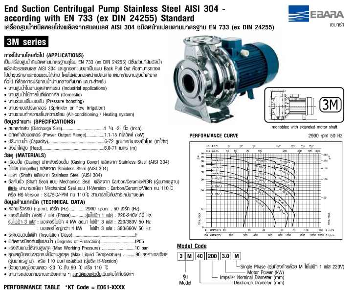 ปั๊มหอยโข่ง Ebara 3M 32-160/1.5 ปั๊มแสตนเลส - 3สาย 380V