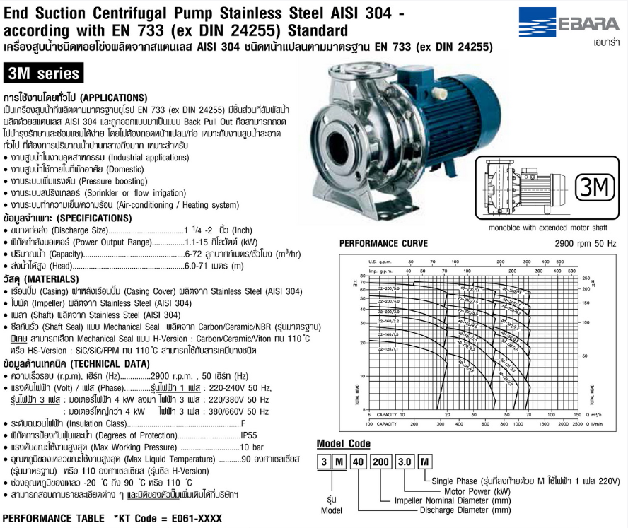 ปั๊มหอยโข่ง Ebara 3M 32-200/5.5 ปั๊มแสตนเลส - 3สาย 380V