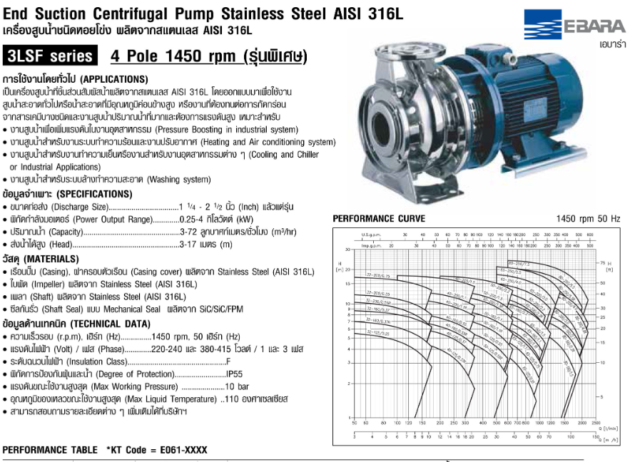 ปั๊มหอยโข่ง Ebara 3LSF 65-160/7.5 ปั๊มSS316 เฉพาะหัวปั๊ม