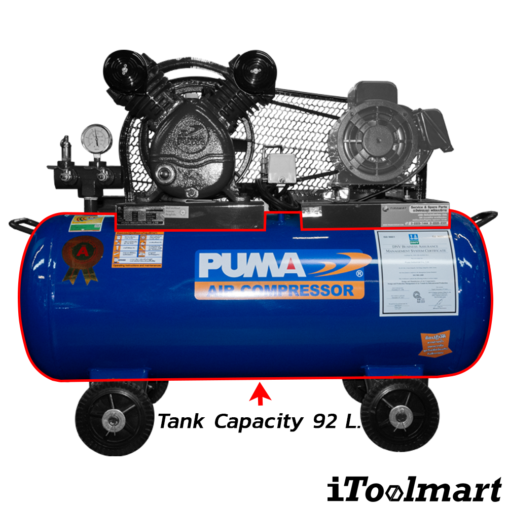 PUMA PP-21 Belt Drive Air Compressor Air Tank Pressure 1HP Capacity 92L 2 Cylinder