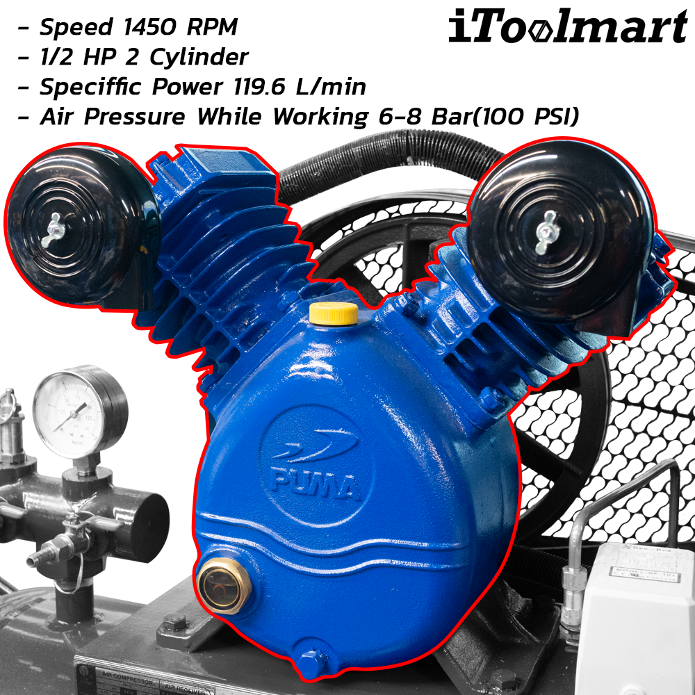 PUMA PP-21 Belt Drive Air Compressor Air Tank Pressure 1HP Capacity 92L 2 Cylinder