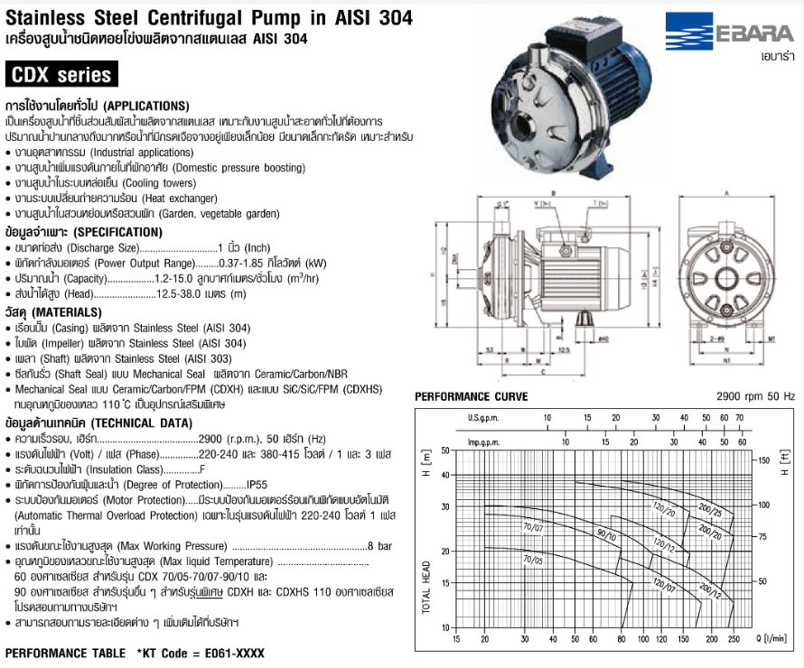 ปั๊มหอยโข่ง Ebara CDXM-120/07 ปั๊ม SS304 ใบพัดเดี่ยว