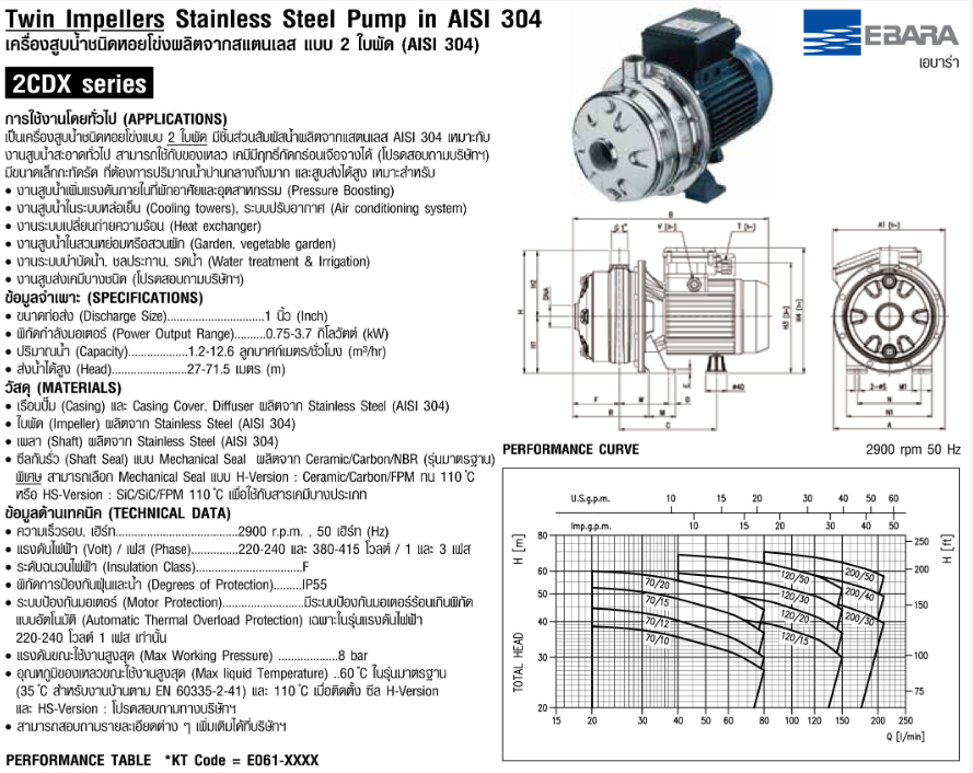 ปั๊มหอยโข่ง Ebara 2CDXM-120/20 ปั๊ม SS304 ใบพัดคู่ 2 สาย 