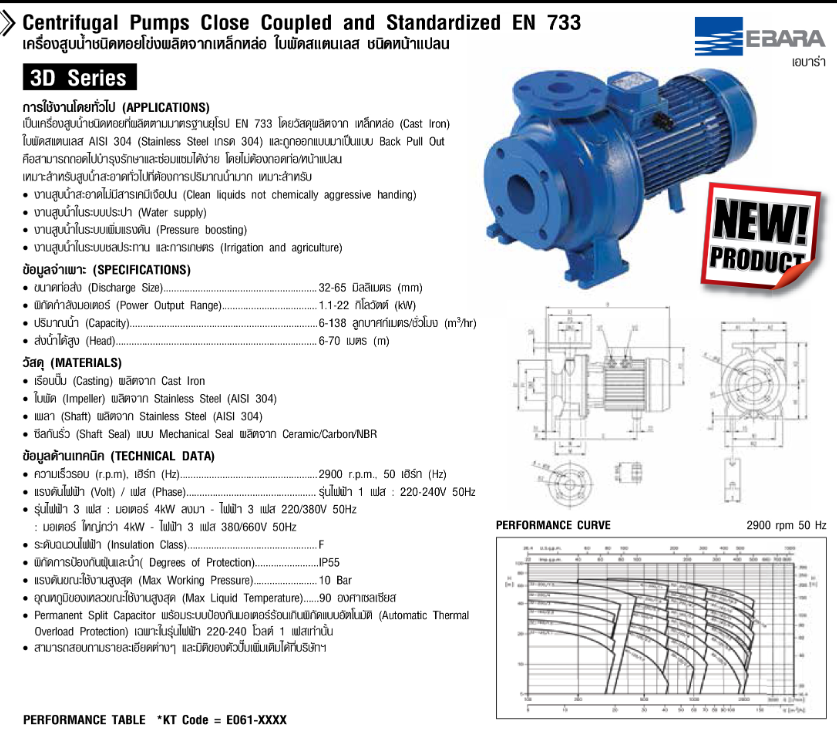 ปั๊มหอยโข่ง Ebara 3D 32-200/4.0 ปั๊มเหล็กหล่อ - 3 สาย 380V