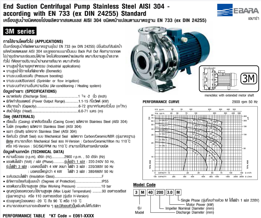 ปั๊มหอยโข่ง Ebara 3M 40-160/3.0 ปั๊มแสตนเลส 380V