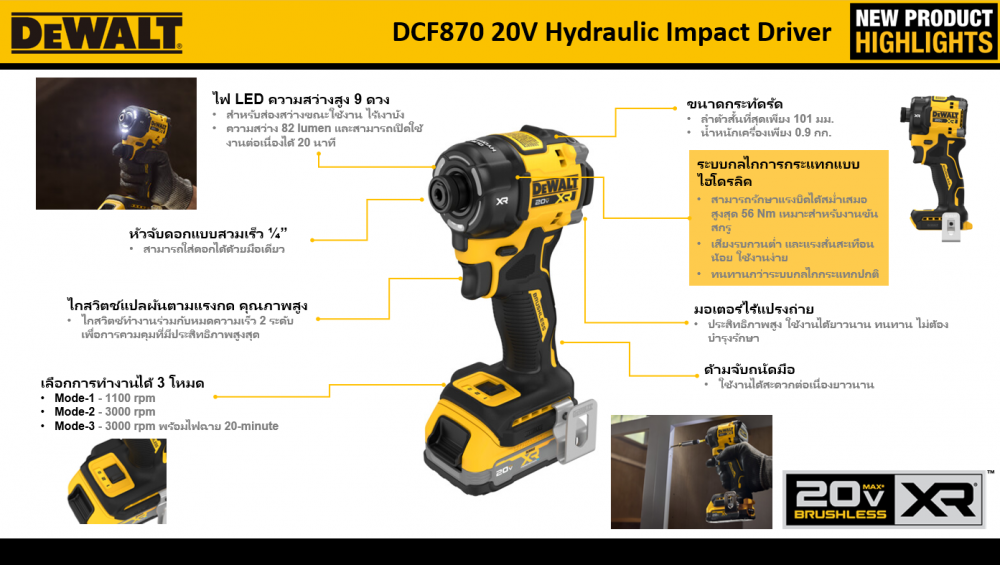 ไขควงกระแทกไร้สาย DEWALT DCF870 ขนาด 1/4 นิ้ว 20V. (ตัวเปล่า)