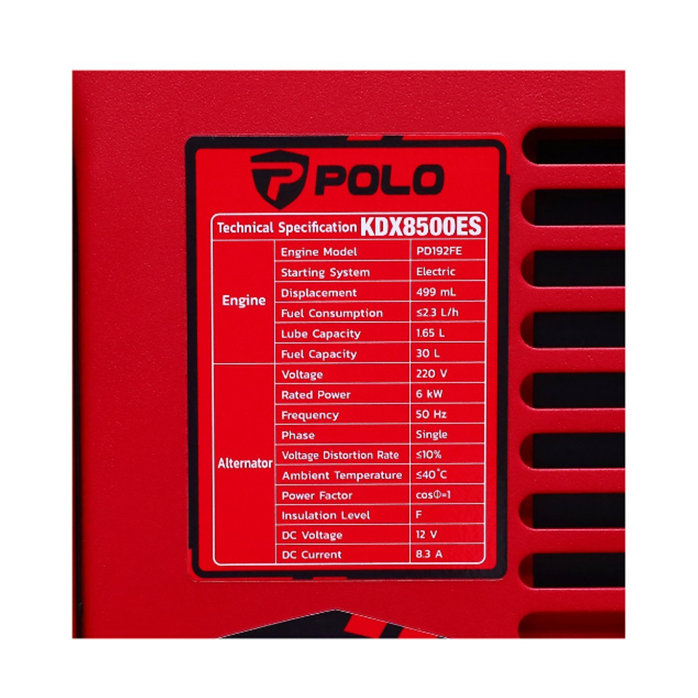 เครื่องปั่นไฟ ดีเซล POLO KDX8500ES กำลังไฟ 6 5 Kw  เครื่องยนต์ 11 7 แรงม้า 