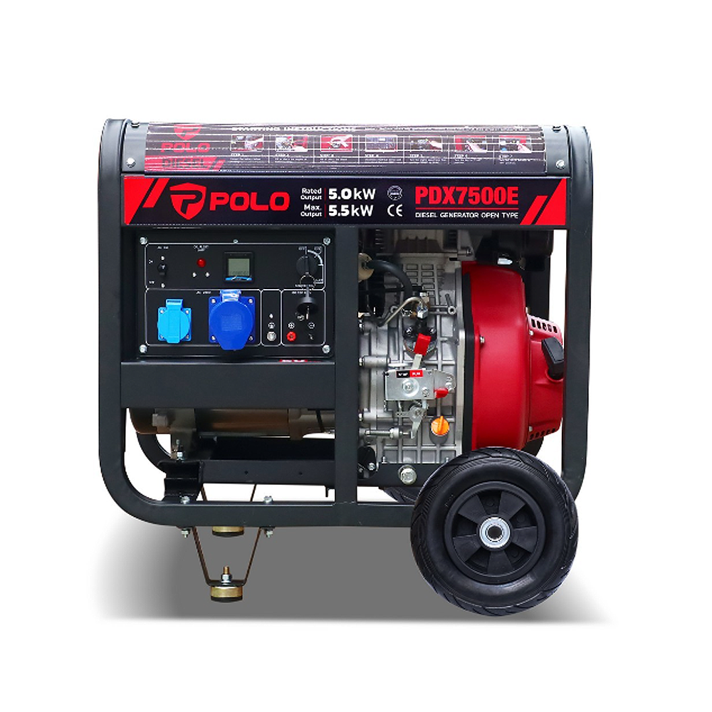 เครื่องปั่นไฟ ดีเซล POLO PDX7500E สตาร์กุญแจระบบไฟฟ้า กำลังไฟ 5 5 Kw  เครื่องยนต์ 9 4 แรงม้า 