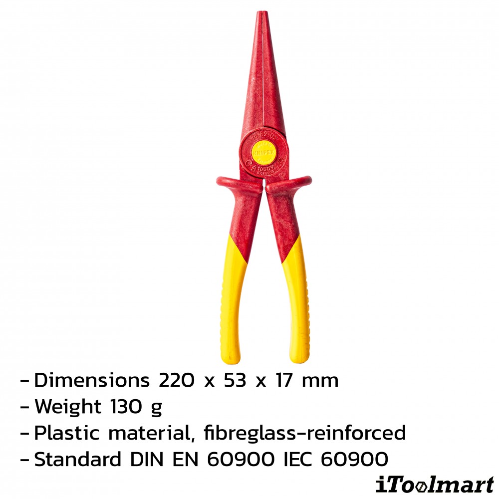คีมปากเเหลม KNIPEX 98 62 02 ขนาด 220 มิล  หุ้มฉนวนกันไฟ   Snipe Nose Pliers of plastic insulating  VDE
