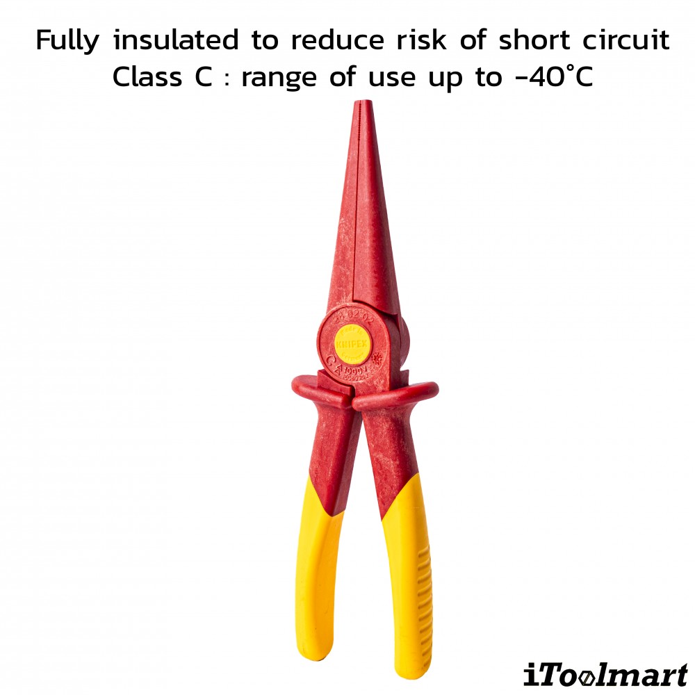 คีมปากเเหลม KNIPEX 98 62 02 ขนาด 220 มิล  หุ้มฉนวนกันไฟ   Snipe Nose Pliers of plastic insulating  VDE
