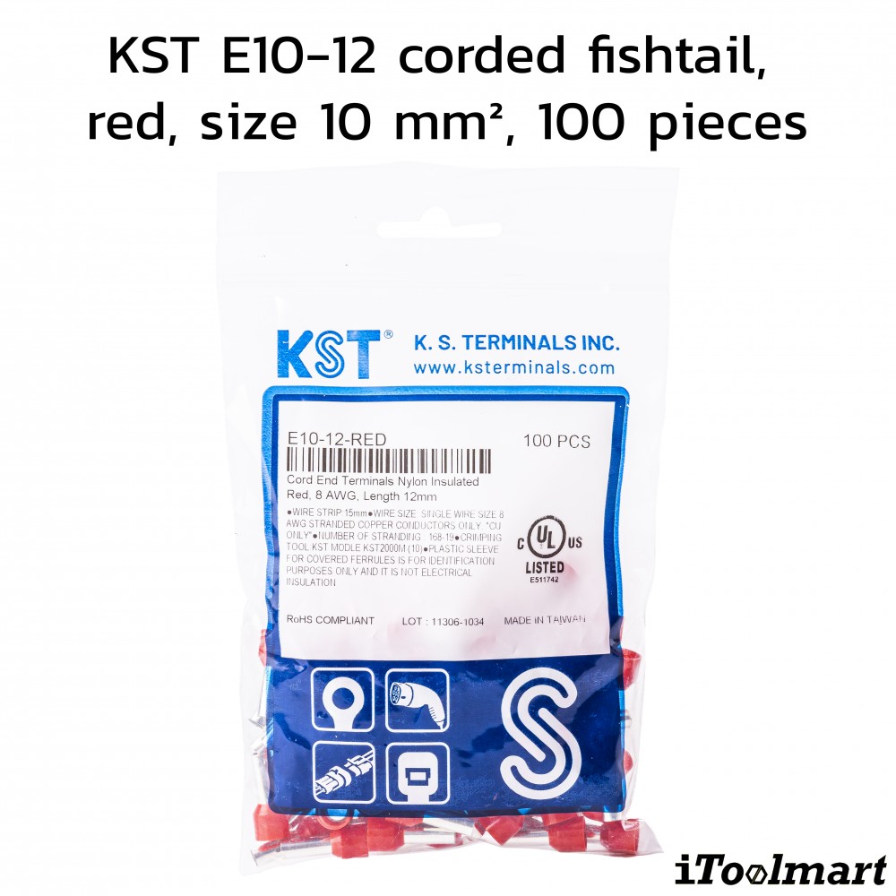 หางปลาคอร์ดเอ็น KST E10 12 แบบหุ้ม สีแดง ขนาด 10 mm² 100 ตัว หางปลาคอร์ดเอ็น KST E10 12 แบบหุ้ม สีแดง ขนาด 10 mm² 100 ตัว
