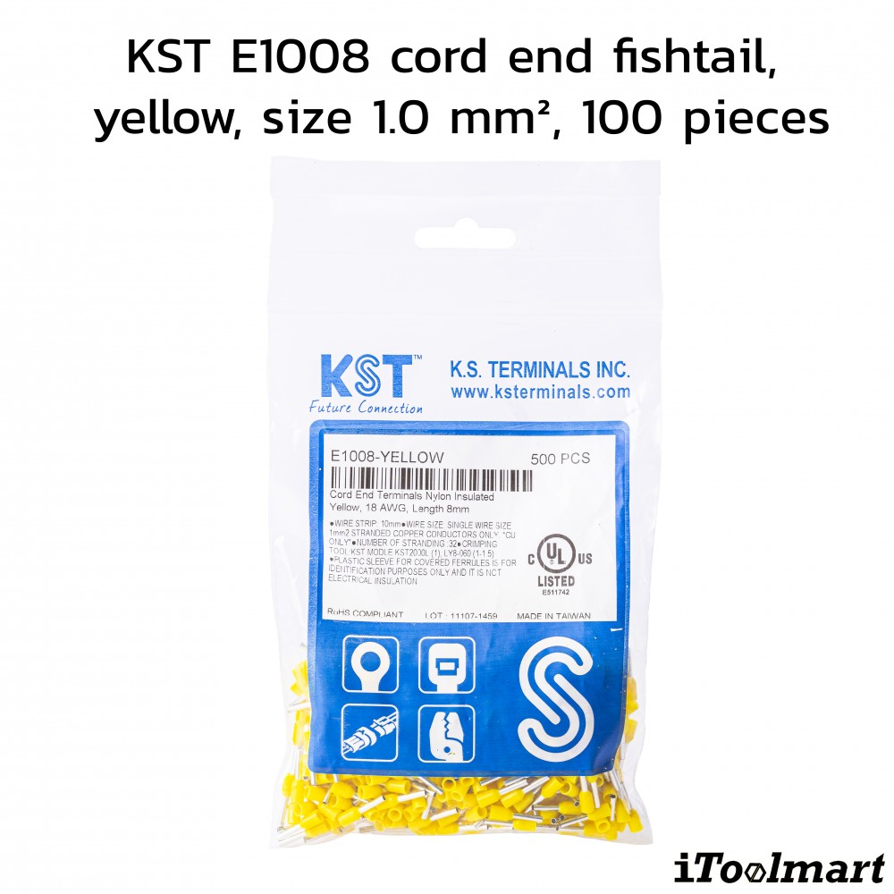 หางปลาคอร์ดเอ็น KST E1008 แบบหุ้ม สีเหลือง ขนาด 1 0 mm² 100 ตัว หางปลาคอร์ดเอ็น KST E1008 แบบหุ้ม สีเหลือง ขนาด 1 0 mm² 100 ตัว