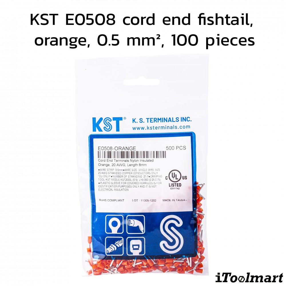 หางปลาคอร์ดเอ็น KST E0508 แบบหุ้ม สีส้ม ขนาด 0 5 mm² 100 ตัว หางปลาคอร์ดเอ็น KST E0508 แบบหุ้ม สีส้ม ขนาด 0 5 mm² 100 ตัว