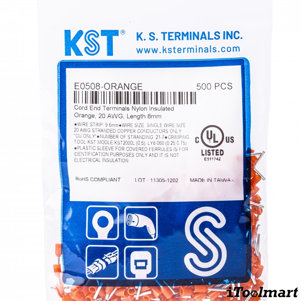 หางปลาคอร์ดเอ็น KST E0508 แบบหุ้ม สีส้ม ขนาด 0 5 mm² 100 ตัว หางปลาคอร์ดเอ็น KST E0508 แบบหุ้ม สีส้ม ขนาด 0 5 mm² 100 ตัว