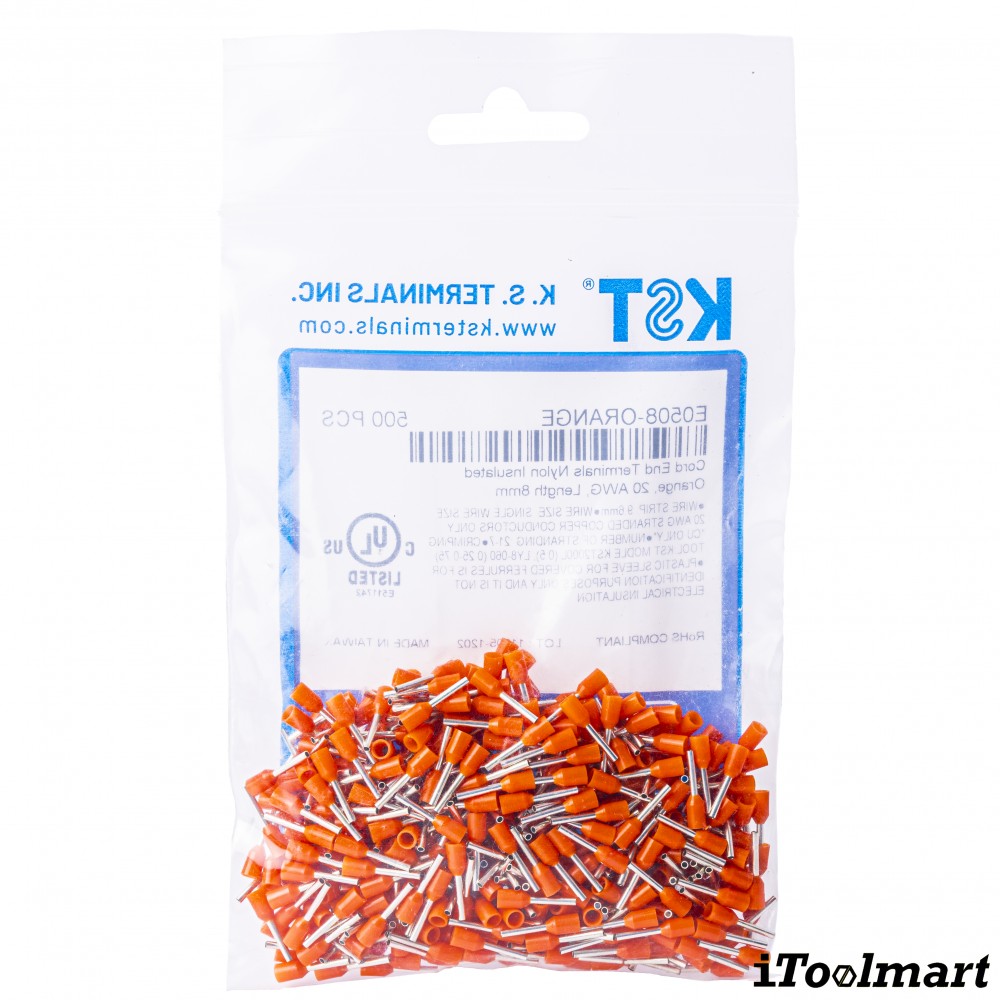 หางปลาคอร์ดเอ็น KST E0508 แบบหุ้ม สีส้ม ขนาด 0 5 mm² 100 ตัว หางปลาคอร์ดเอ็น KST E0508 แบบหุ้ม สีส้ม ขนาด 0 5 mm² 100 ตัว