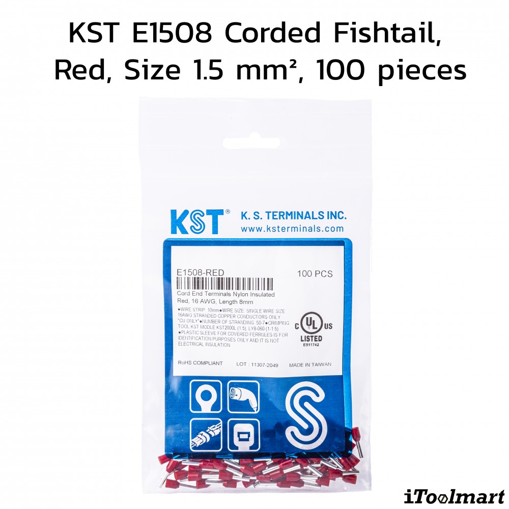 หางปลาคอร์ดเอ็น KST E1508 แบบหุ้ม สแดง ขนาด 1 5 mm² 100 ตัว หางปลาคอร์ดเอ็น KST E1508 แบบหุ้ม สแดง ขนาด 1 5 mm² 100 ตัว