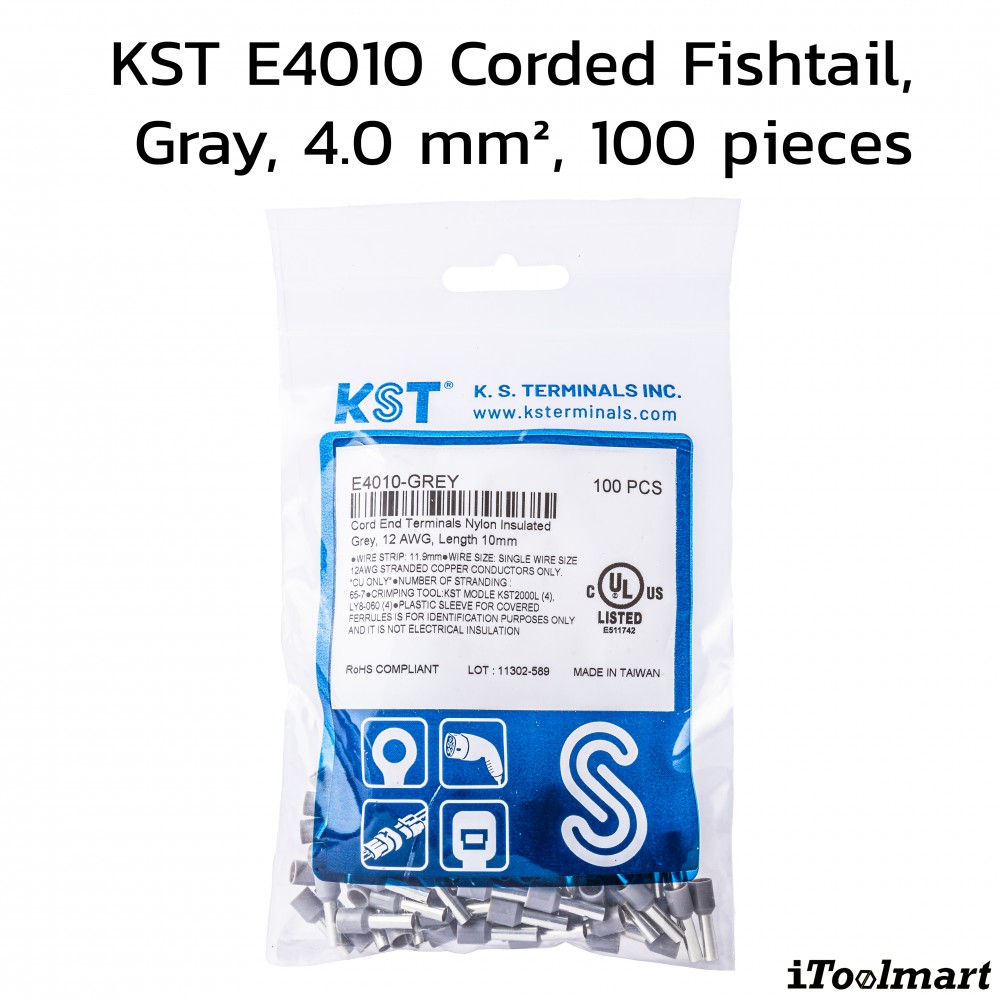 หางปลาคอร์ดเอ็น KST E4010 แบบหุ้ม  สีเทา ขนาด 4 0 mm² 100 ตัว