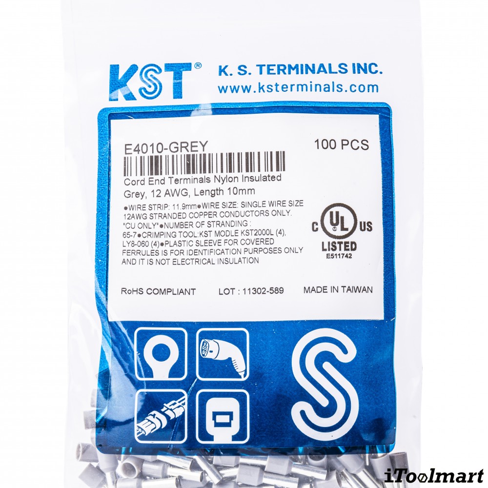 หางปลาคอร์ดเอ็น KST E4010 แบบหุ้ม  สีเทา ขนาด 4 0 mm² 100 ตัว