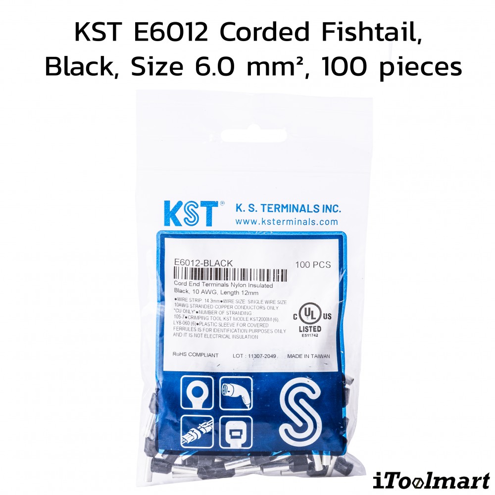 หางปลาคอร์ดเอ็น KST E6012 แบบหุ้ม สีดำ ขนาด 6 0 mm² 100 ตัว หางปลาคอร์ดเอ็น KST E6012 แบบหุ้ม สีดำ ขนาด 6 0 mm² 100 ตัว