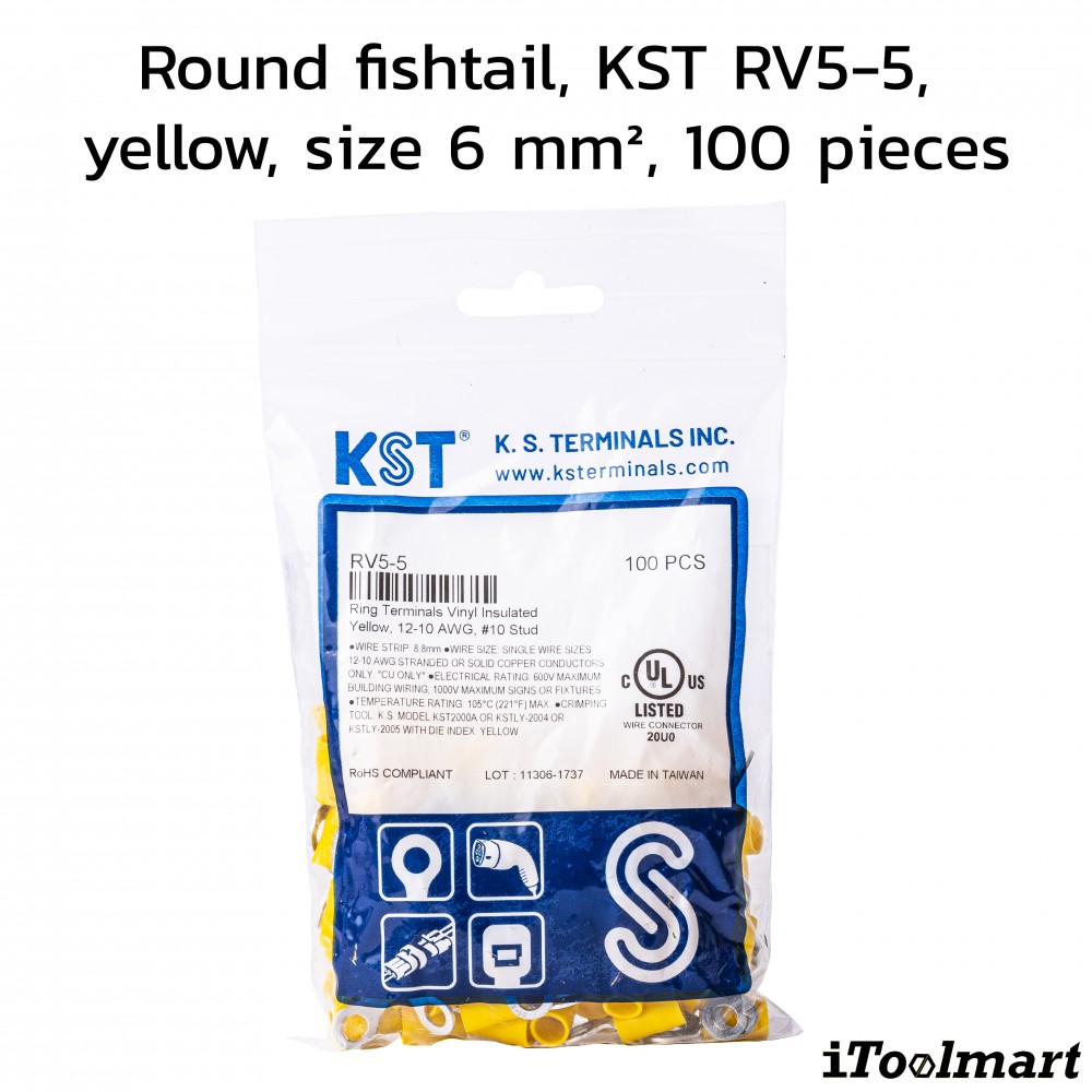 หางปลากลมหุ้ม KST RV5 5 สีเหลือง ขนาด 6 mm² 100 ตัว 