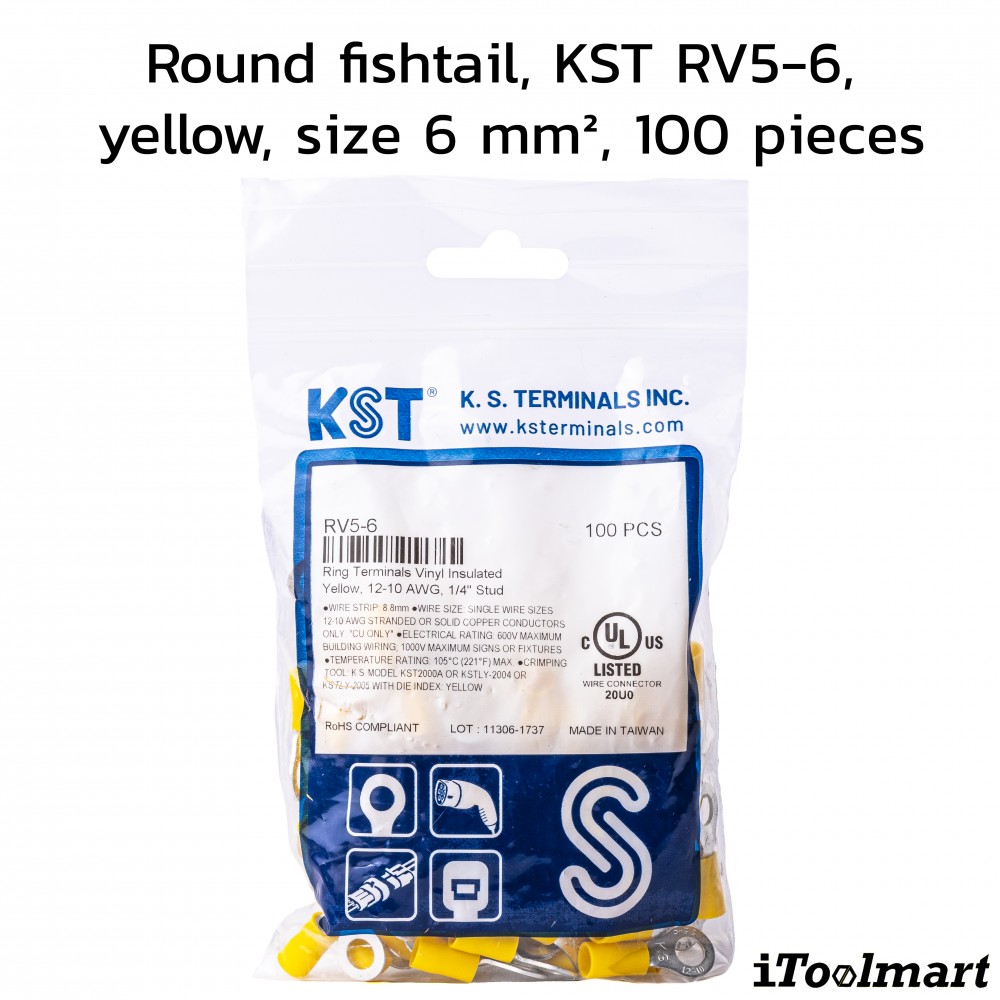 หางปลากลมหุ้ม KST RV5 6 สีเหลือง ขนาด 6 mm² 100 ตัว หางปลากลมหุ้ม KST RV5 6 สีเหลือง ขนาด 6 mm² 100 ตัว