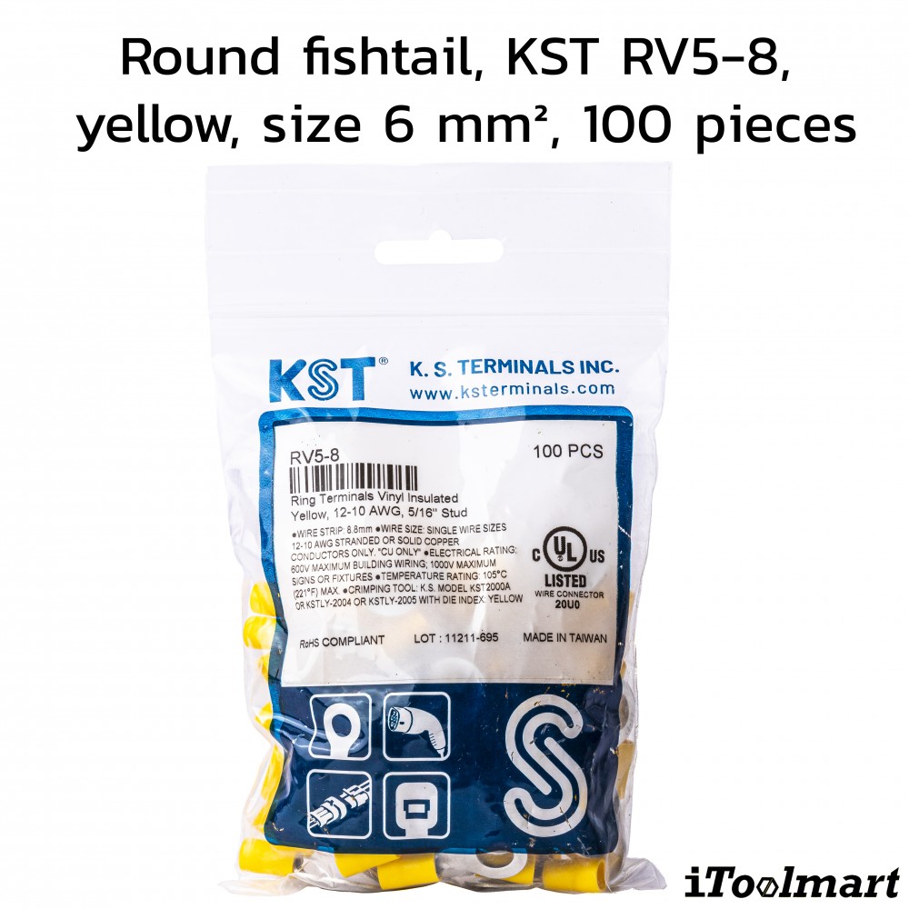 หางปลากลมหุ้ม KST RV5 8 สีเหลือง ขนาด 6 mm² 100 ตัว หางปลากลมหุ้ม KST RV5 8 สีเหลือง ขนาด 6 mm² 100 ตัว