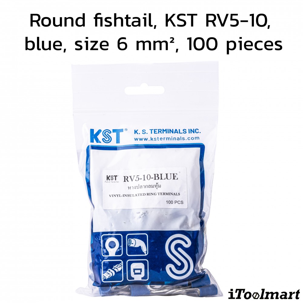 หางปลากลมหุ้ม KST RV5 10 สีน้ำเงิน ขนาด 6 mm² 100 ตัว หางปลากลมหุ้ม KST RV5 10 สีน้ำเงิน ขนาด 6 mm² 100 ตัว