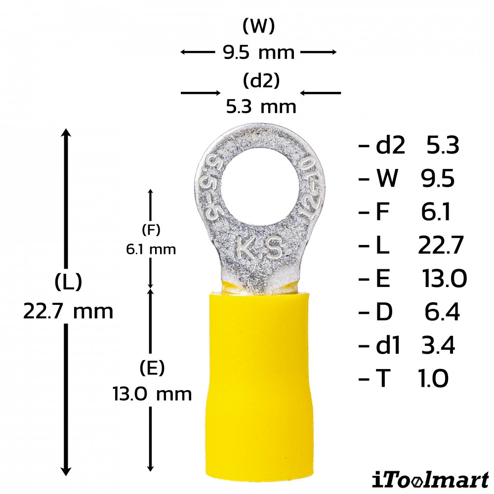 หางปลากลมหุ้ม KST RV5 5 สีเหลือง ขนาด 6 mm² 100 ตัว 