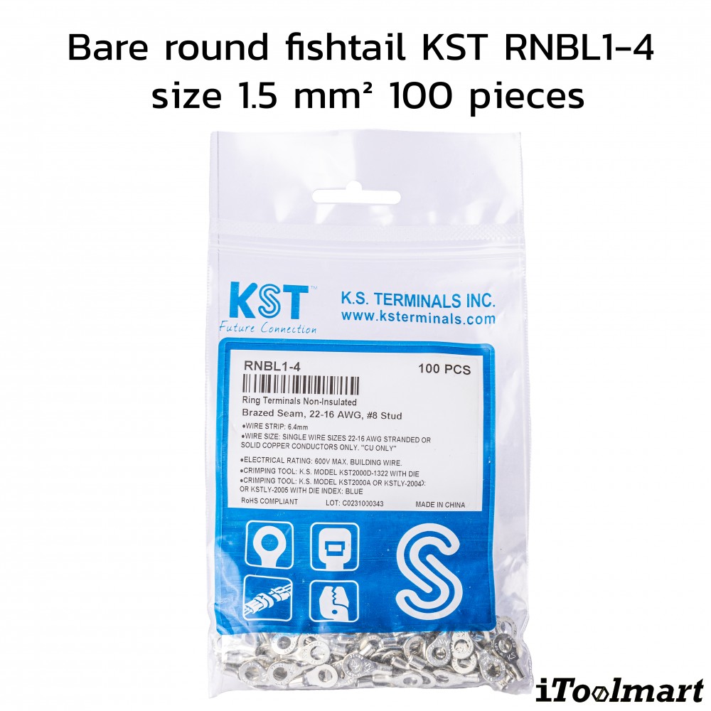 หางปลากลมเปลือย KST RNBL1 4 ขนาด 1 5 mm² 100 ตัว หางปลากลมเปลือย KST RNBL1 4 ขนาด 1 5 mm² 100 ตัว