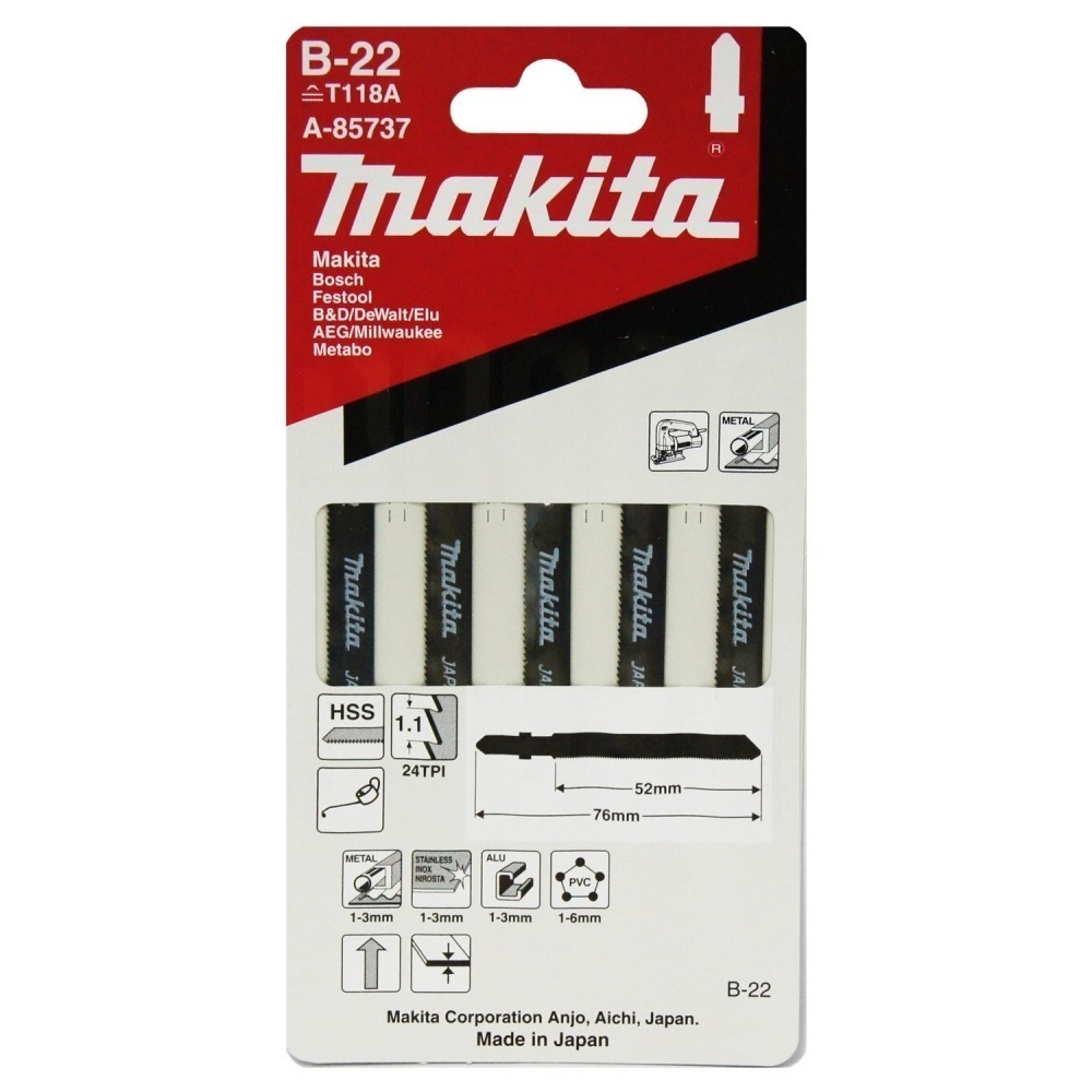ใบจิ๊กซอ MAKITA A 85737 B Type No B 22 ความยาว 76 มม 24 TPI   แพ็ค 5 ใบ  ใบจิ๊กซอ MAKITA A 85737 B Type No B 22 ความยาว 76 มม 24 TPI   แพ็ค 5 ใบ