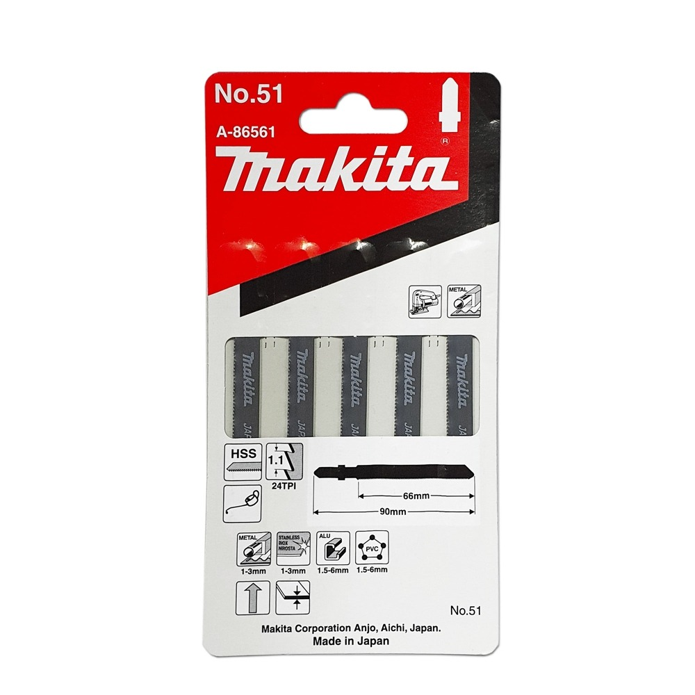 ใบจิ๊กซอ MAKITA A 86561  B Type No B 51 ความยาว 90 มม 24 TPI   แพ็ค 5 ใบ  ใบจิ๊กซอ MAKITA A 86561  B Type No B 51 ความยาว 90 มม 24 TPI   แพ็ค 5 ใบ