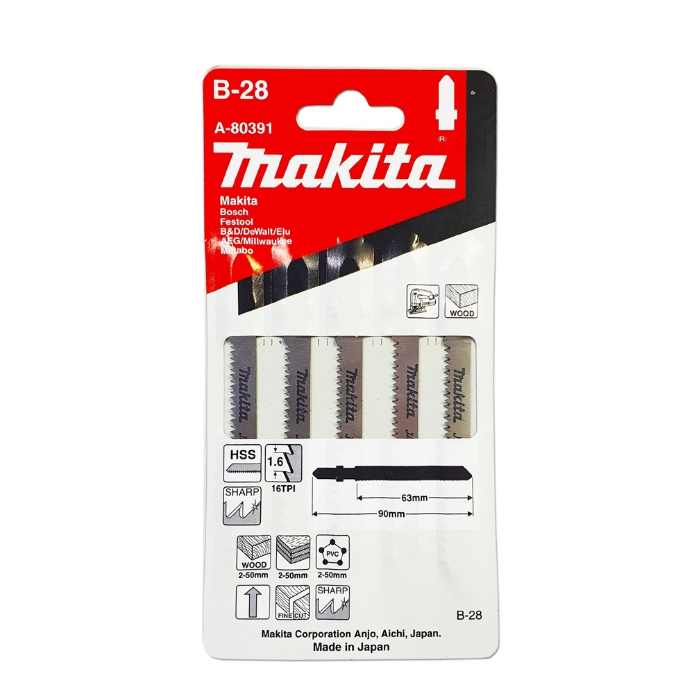 ใบจิ๊กซอ MAKITA A 80391  B Type No B 28 ความยาว 90 มม 16 TPI   แพ็ค 5 ใบ  ใบจิ๊กซอ MAKITA A 80391  B Type No B 28 ความยาว 90 มม 16 TPI   แพ็ค 5 ใบ