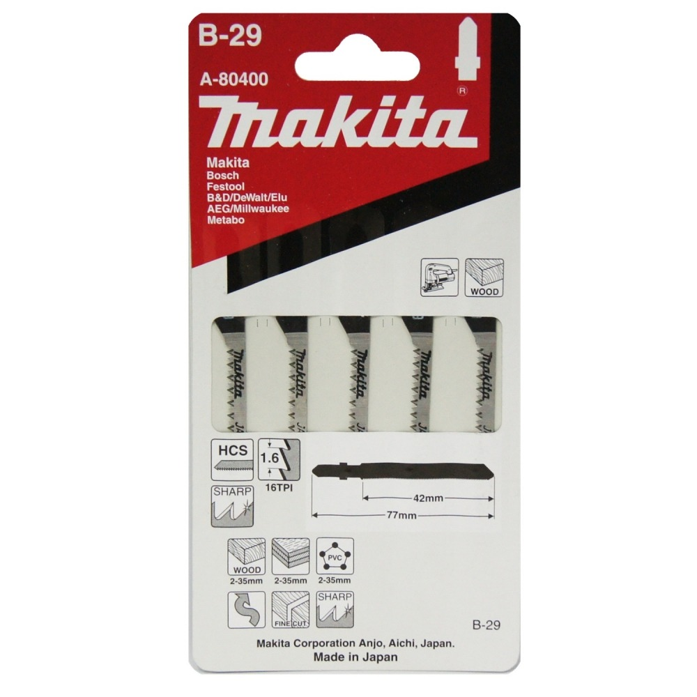 ใบจิ๊กซอ MAKITA A 80400 B Type No B 29 ความยาว 77 มม 16 TPI   แพ็ค 5 ใบ   ใบจิ๊กซอ MAKITA A 80400 B Type No B 29 ความยาว 77 มม 16 TPI   แพ็ค 5 ใบ