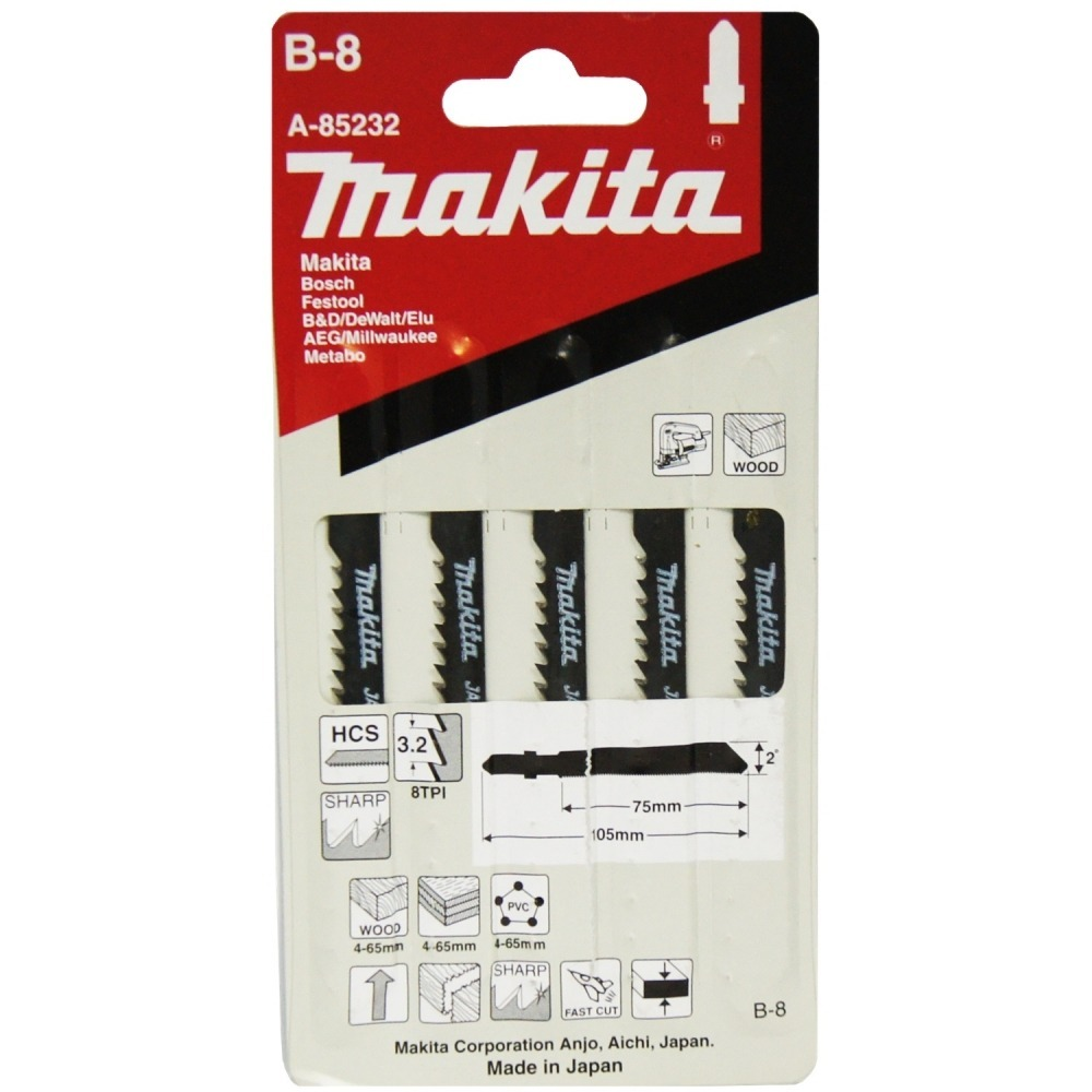 ใบจิ๊กซอ MAKITA A 85232 B Type No B 8 ความยาว 105 มม 8 TPI   แพ็ค 5 ใบ   ใบจิ๊กซอ MAKITA A 85232 B Type No B 8 ความยาว 105 มม 8 TPI   แพ็ค 5 ใบ