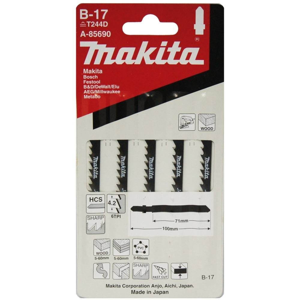 ใบจิ๊กซอ MAKITA A 85690 B Type No B 17 ความยาว 105 มม 6 TPI   แพ็ค 5 ใบ   ใบจิ๊กซอ MAKITA A 85690 B Type No B 17 ความยาว 105 มม 6 TPI   แพ็ค 5 ใบ