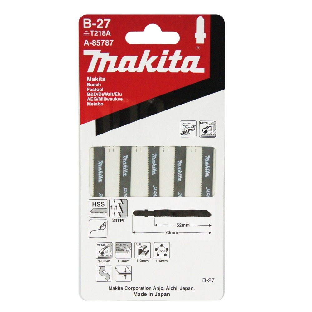 ใบจิ๊กซอ MAKITA A 85787 B Type No B 27 ความยาว 76 มม  24 TPI   แพ็ค 5 ใบ    ใบจิ๊กซอ MAKITA A 85787 B Type No B 27 ความยาว 76 มม  24 TPI   แพ็ค 5 ใบ