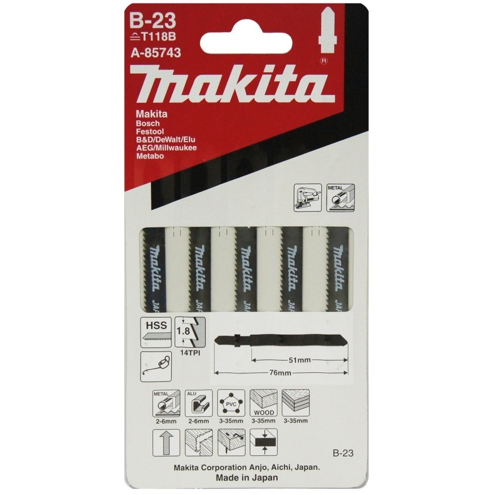 ใบจิ๊กซอ MAKITA A 85743 B Type No B 23 ความยาว 76 มม  14 TPI   แพ็ค 5 ใบ    ใบจิ๊กซอ MAKITA A 85743 B Type No B 23 ความยาว 76 มม  14 TPI   แพ็ค 5 ใบ