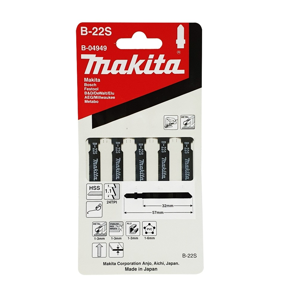 ใบจิ๊กซอ MAKITA B 04949 B Type No B 22S ความยาว 57 มม  24 TPI   แพ็ค 5 ใบ    ใบจิ๊กซอ MAKITA B 04949 B Type No B 22S ความยาว 57 มม  24 TPI   แพ็ค 5 ใบ