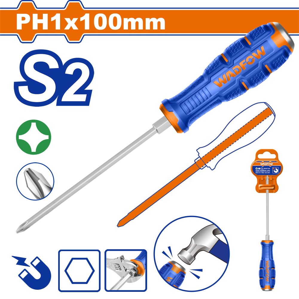 ไขควงตอก ปากแฉก WADFOW PH1x100mm S2 WQJ2214