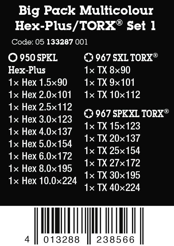 ประแจหกเหลี่ยม Wera Big Pack Multicolour L key hexagonal socket screws TORX® set 1 05133287001