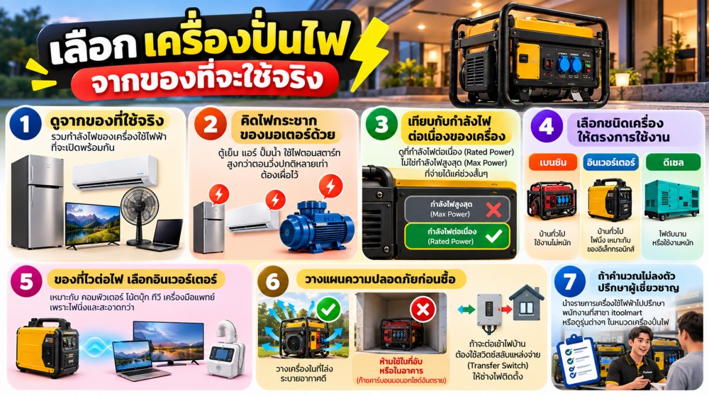 เครื่องปั่นไฟ เลือกกี่วัตต์ดี เบนซิน ดีเซล ให้พอกับการใช้จริง เครื่องปั่นไฟ เลือกกี่วัตต์ดี เบนซิน ดีเซล ให้พอกับการใช้จริง
