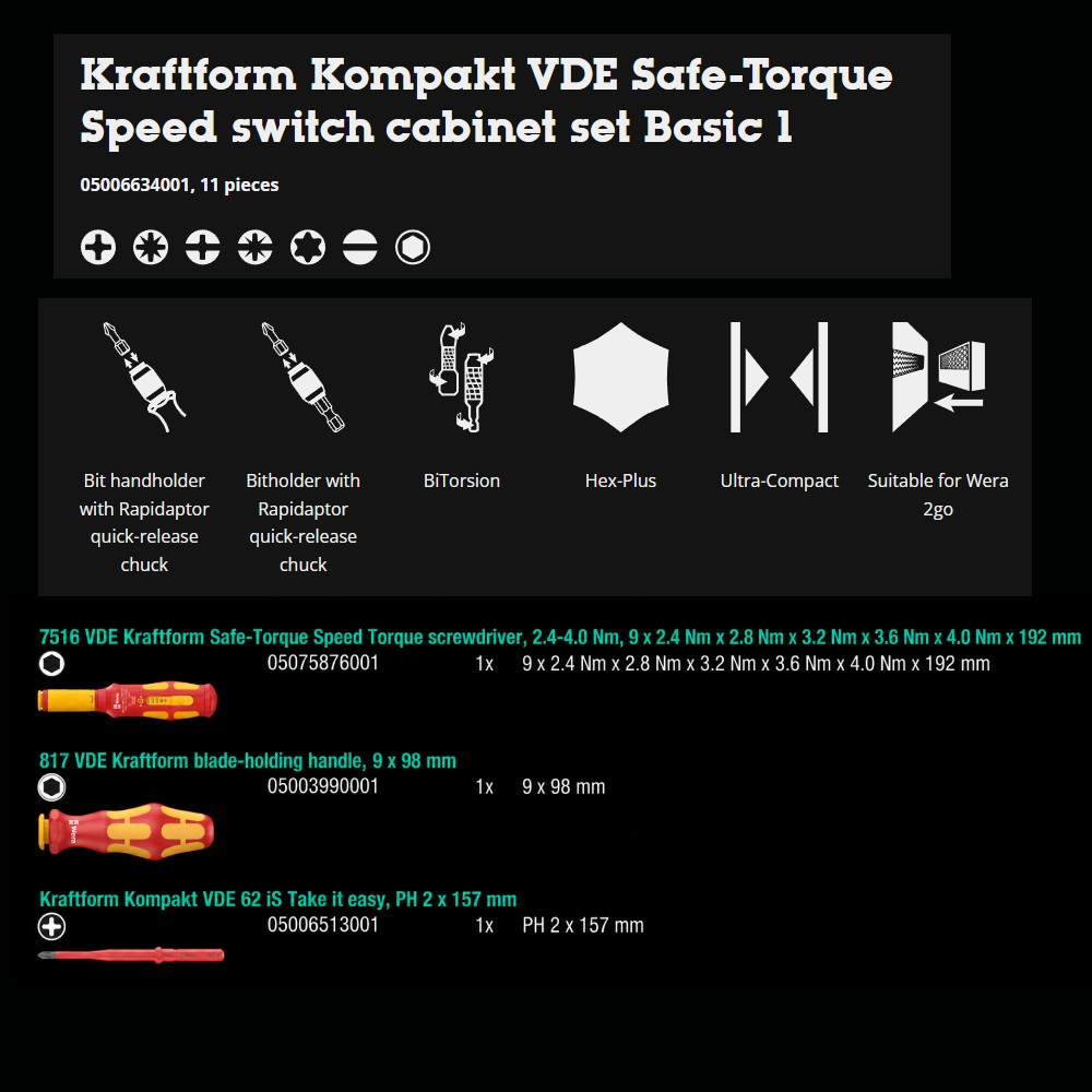 ชุดไขควง Wera Kraftform Kompakt VDE Safe Torque Speed ​​Basic 1 05006634001 ชุด 11 ชิ้น