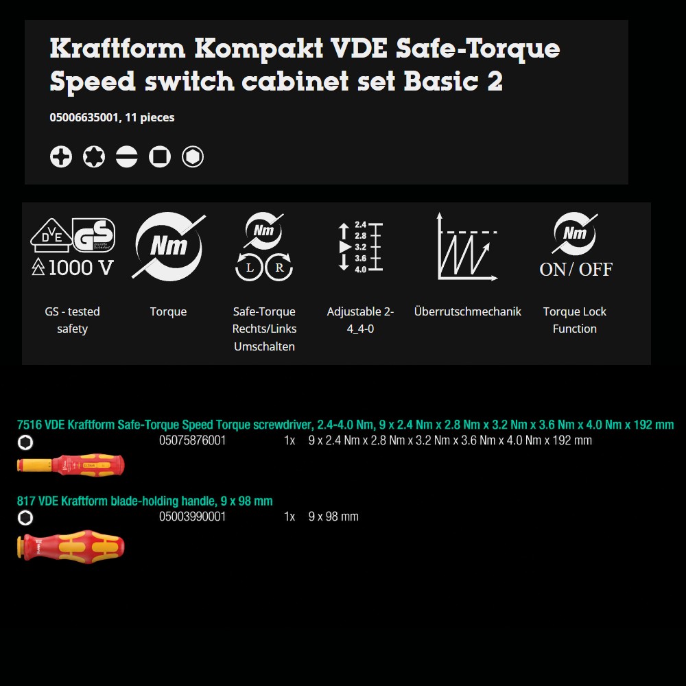 ชุดไขควง Wera Kraftform Kompakt VDE Safe Torque Speed ​​Basic 2 05006635001 ชุด 11 ชิ้น