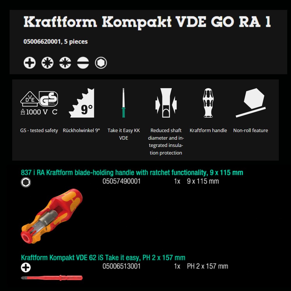 ชุดไขควง Wera Kraftform Kompakt VDE GO RA 1 05006620001 ชุด 5 ชิ้น