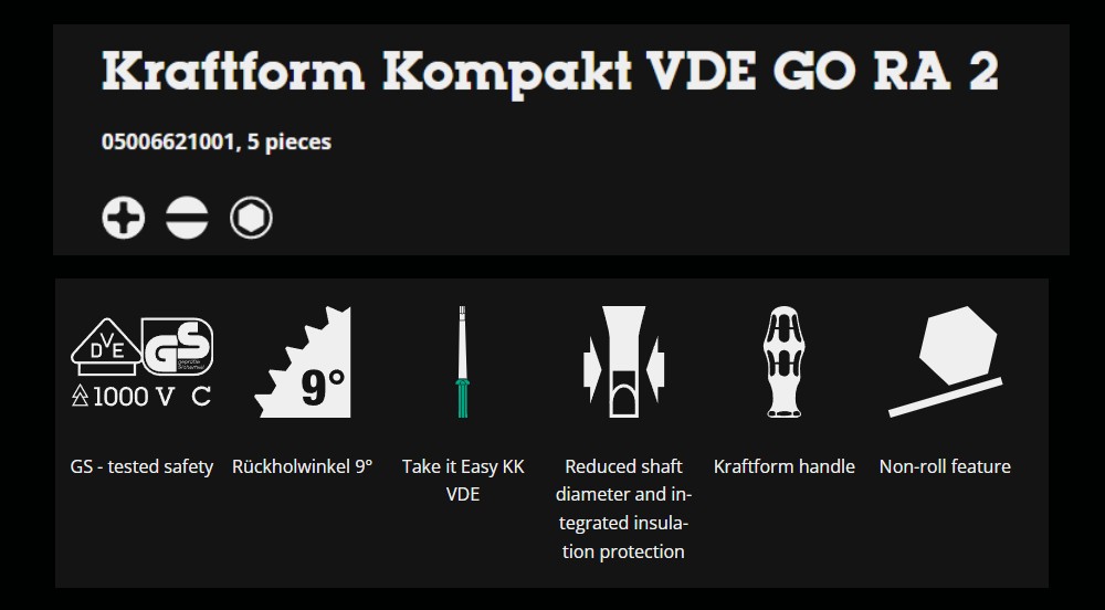 ชุดไขควง Wera Kraftform Kompakt VDE GO RA 2 05006621001 ชุด 5 ชิ้น