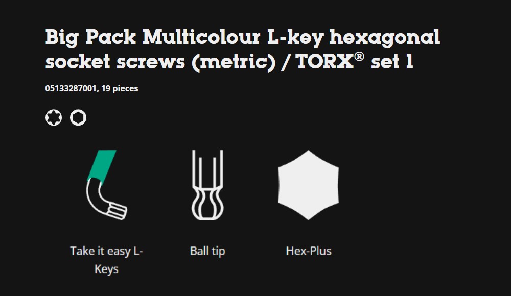ประแจหกเหลี่ยม Wera Big Pack Multicolour L key hexagonal socket screws TORX® set 1 05133287001