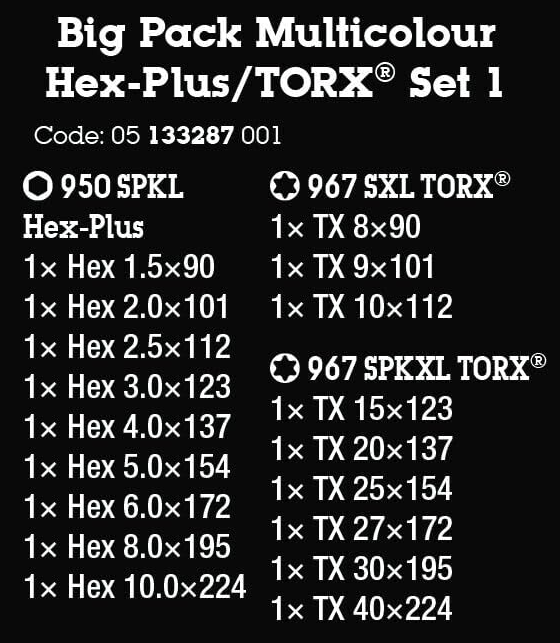 ประแจหกเหลี่ยม Wera Big Pack Multicolour L key hexagonal socket screws TORX® set 1 05133287001