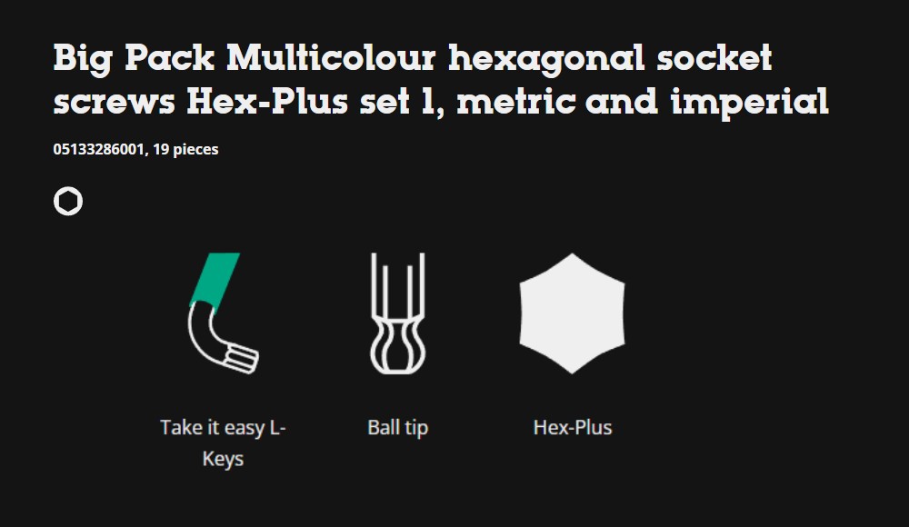 ประแจหกเหลี่ยม Wera Big Pack Multicolour hexagonal socket screws Hex Plus set 1 05133286001